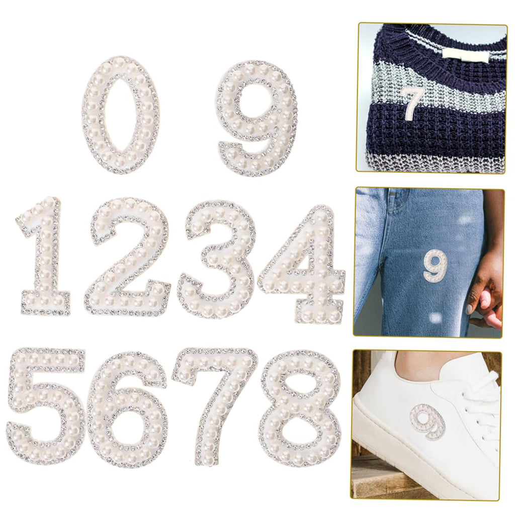 Angoily Number Stickers, 10PCS Bling Rhinestone Pearl Iron-On Patches DIY Faux Pearl Number Applique for Clothing Shoes Coat Patches, Gem Stickers, Dazzling Embellishments for Fashion Projects
