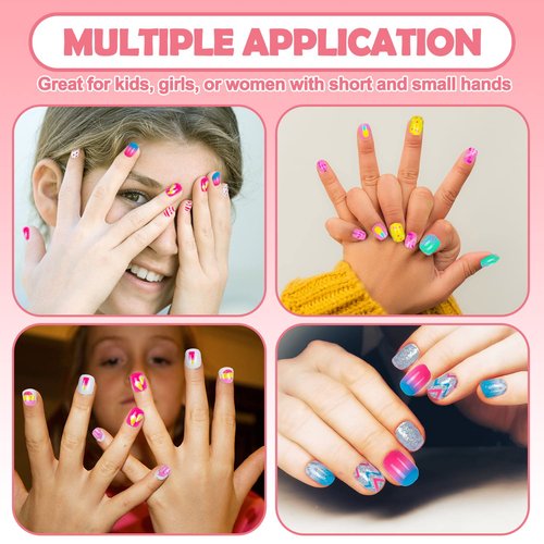 144 Pieces Fake Nails for Kids Girls Artificial Kids Press on Nails Full Cover Short Acrylic Stick On Nails False Nail Tips Kit for Children Little Girls Nail Art Decoration (pink style)