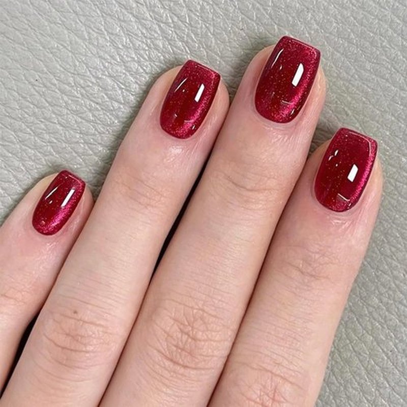 144 Pcs Cat Eye Press on Nails Short Square Fake Nails Aurora False Nails Glossy Full Cover Acrylic Nails Red Purple Champagne Blue Glue on Nails Glitter Artificial Stick on Nails for Women Manicure