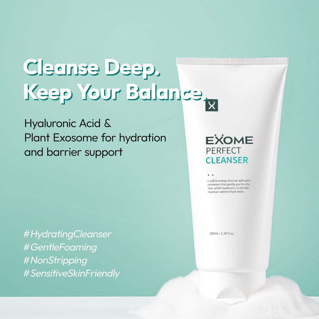 Exome Perfect Cleanser, Deep Moisture Hydrating Face Wash with 8 Types Hyaluronic Acid, Gentle Sebum Control & Impurity Removal, Low Irritation Fatty Acid Complex, Fresh Finish, 3.38 fl oz