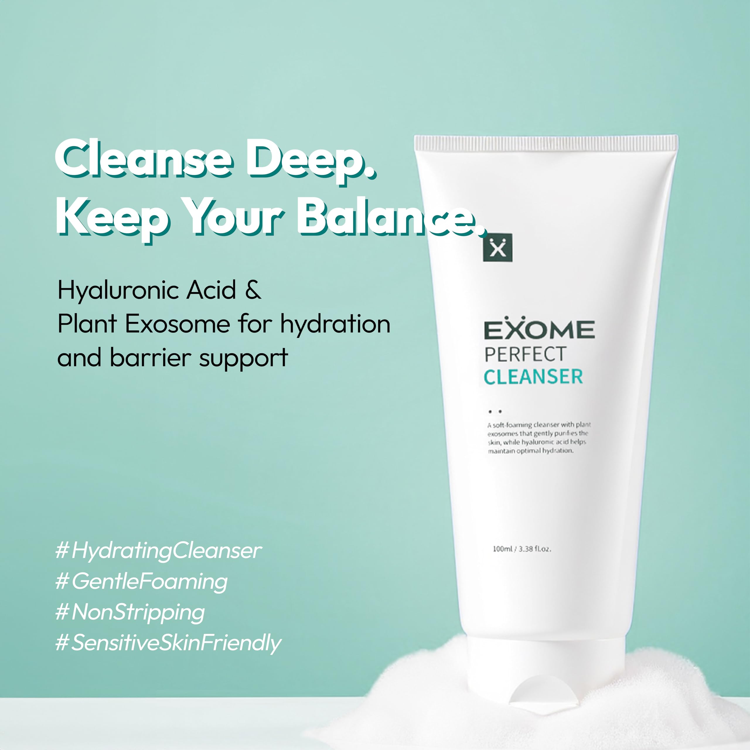 Exome Perfect Cleanser, Deep Moisture Hydrating Face Wash with 8 Types Hyaluronic Acid, Gentle Sebum Control & Impurity Removal, Low Irritation Fatty Acid Complex, Fresh Finish, 3.38 fl oz