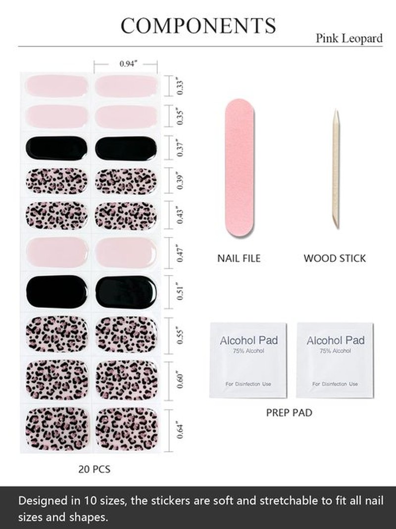 AutyaMee Semi Cured Gel Nail Strips (Pink Leopard), Purple, 20 Pcs Gel Nail Wraps, Stickers, Salon Quality, Long Lasting, Works with Any UV Lamps