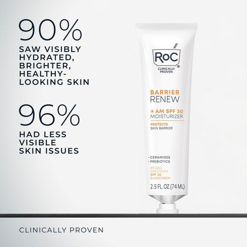 RoC Barrier Renew Day Cream with SPF 30, Moisturizer with Ceramides & Prebiotics to Protect Skin Barrier, (2.5 oz) with Retinol Eye Cream Packette