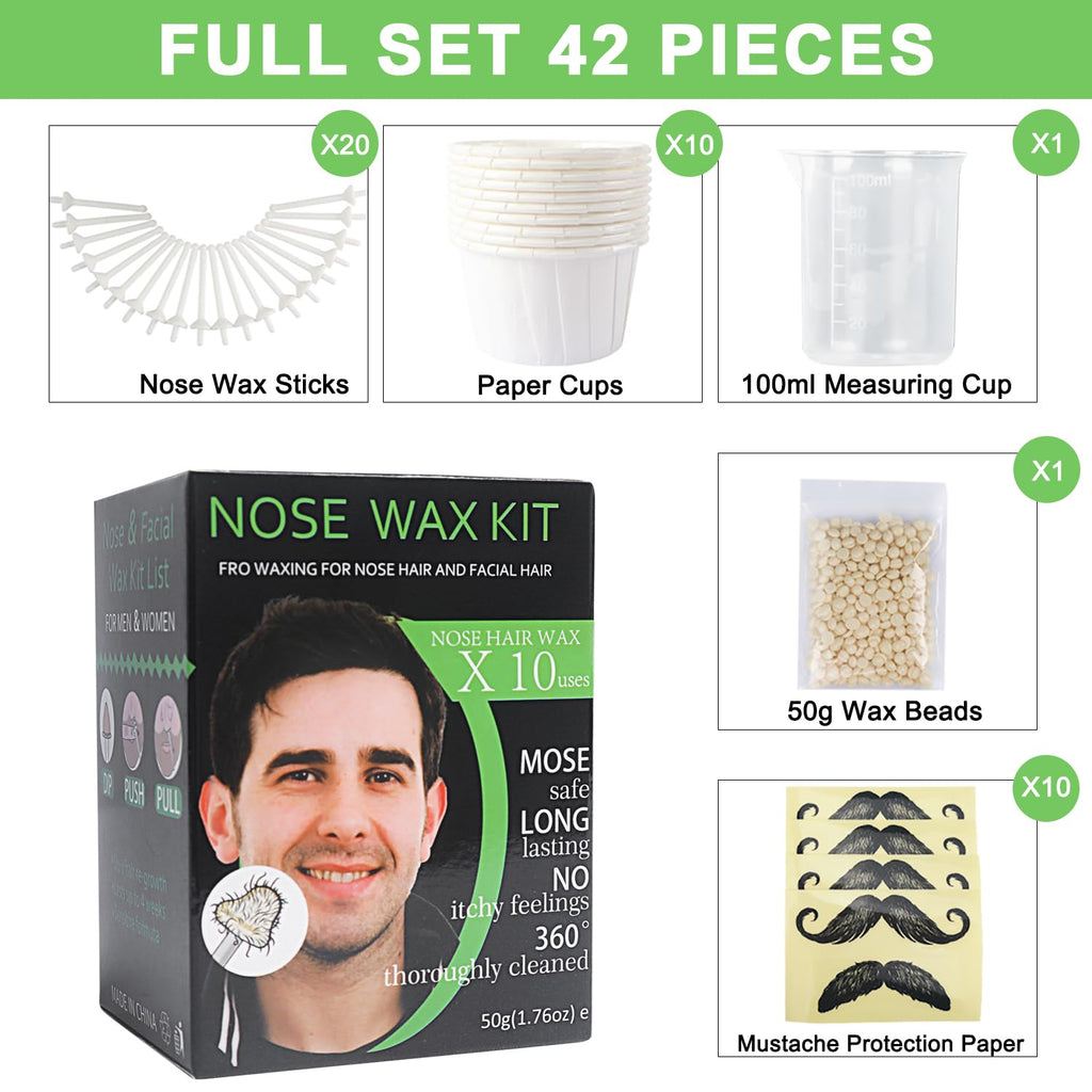 Nose and Ear Hair Waxing Kit - Hair Removal Set for Men and Women with 50g Wax Beads, 20 Applicators (10 times), 10 Paper Cups, and 10 Mustache Guards