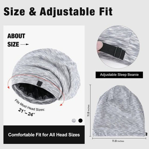 2 Pack Silk Satin Hair Bonnet for Men, Adjustable Stay-On Sleep Cap Beanie for Curly Hair, Soft Breathable Night Hat for All Types