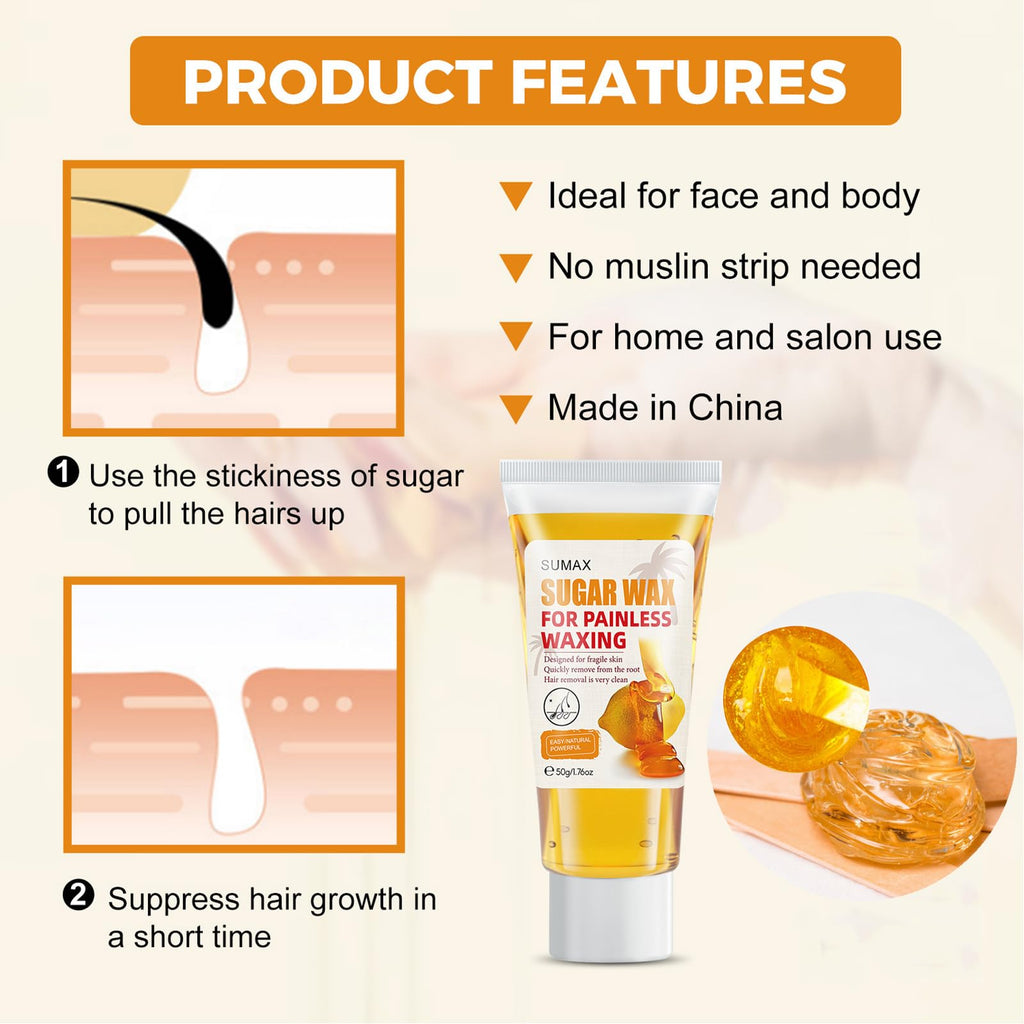 Sugar Wax For Painless Waxing – Gentle On Skin And Less Painful Hair Removal In A Simple System, No Strips, No Heat, Sugar Wax Kit,At-Home Waxing For All Skin & Hair Types