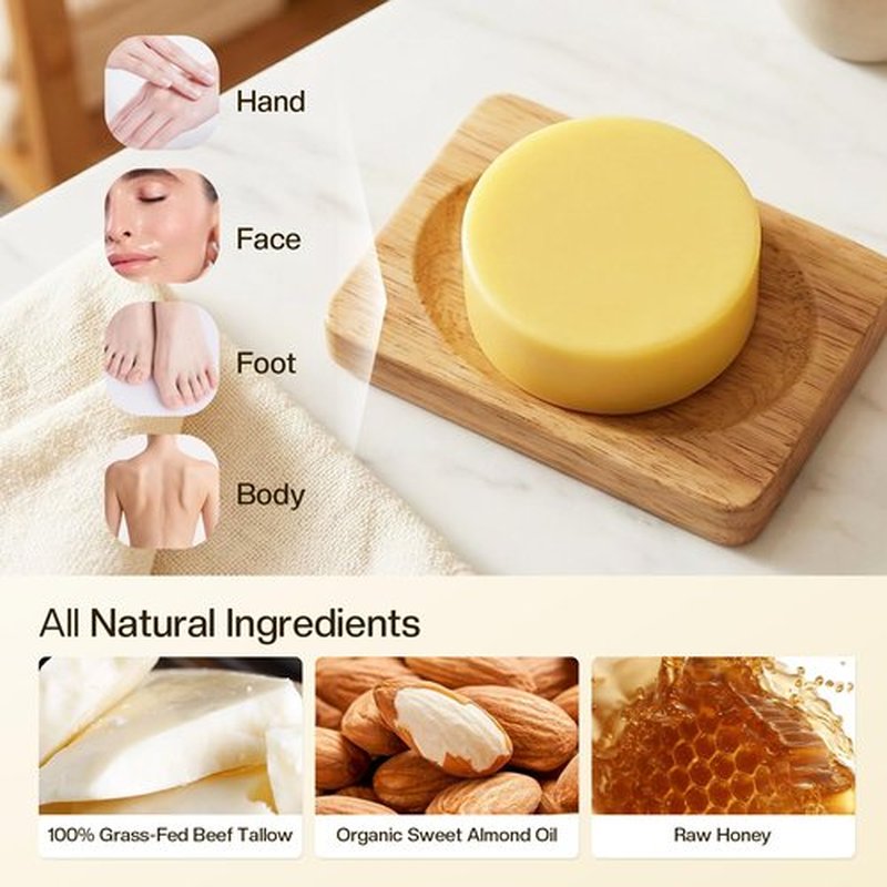 LHOPEBK Nature Tallow Soap for Moisturizing: Daily Face & Body Cleansing for Sensitive & Dry Skin — Made with Organic Grass-Fed Beef Tallow to Reduce Tightness After One Wash — 4.2 oz Bar
