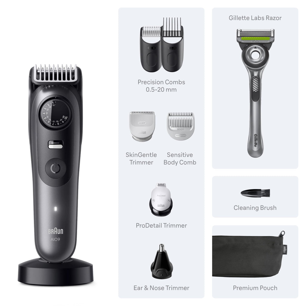 Braun All-in-One Series 9 Men’s Electric Beard Trimmer, Hair Clipper, Shaver & Razor for Face, Hair & Body, AIO 9535 with Gillette Labs Razor, Cordless
