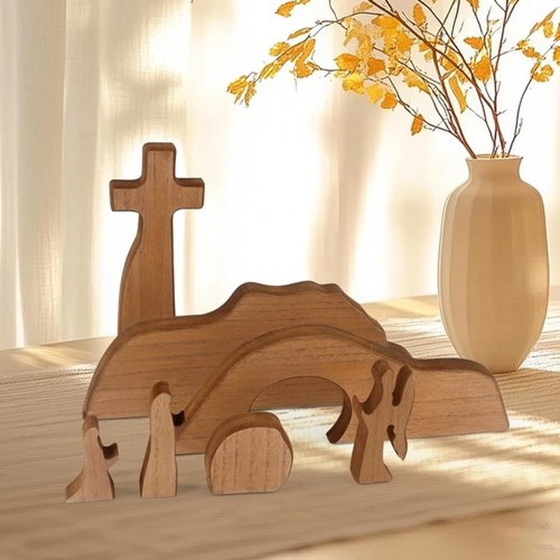 GoClimber Wooden Easter Scene Set - Empty Tomb & Cross Decoration for Religious Home Decor | Christian Gifts