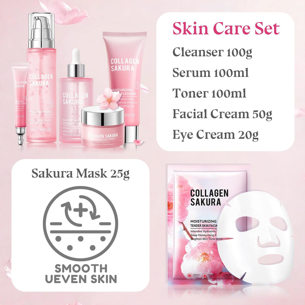 Skin Care Set-Travel Skincare Kit-Collagen Sakura Set with Mask,Eye Cream,Cleanser,Serum,Face Cream,Toner for Gift Sets for Teen Girls,Facial Skin Care Sets for Women Wife Teen Girls