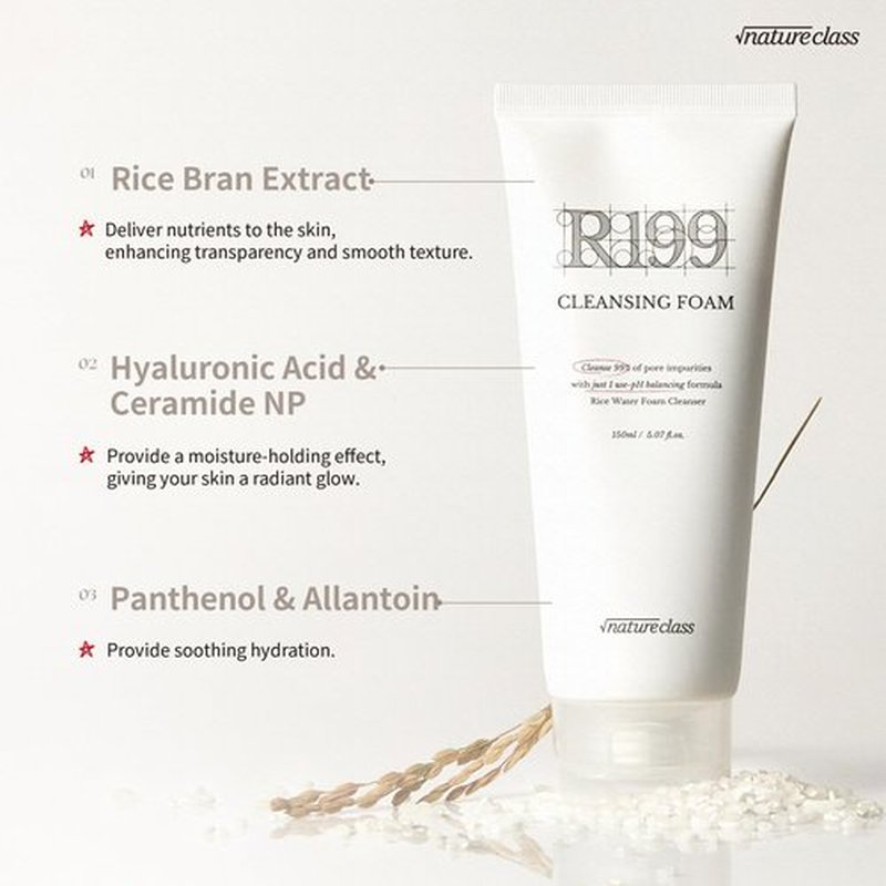 NATURECLASS R199 Rice Enzyme Cleansing Foam – Deep Cleanser for Sensitive Skin, Blackhead & Pore Care, Double Cleansing, Aloe & Hyaluronic Acid, Korean Skin Care, Fragrance Free, 5.07 fl oz