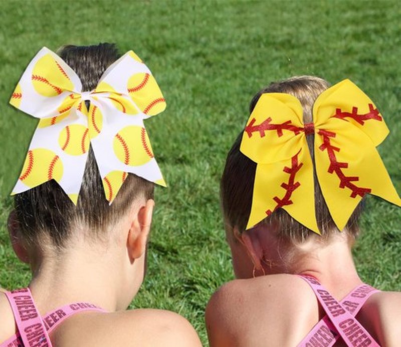 12 PCS Softball Baseball Cheer Bows, Sparkly Rugby Hair Bows with Elastic Hair Ties Accessories for Teens Girls Women Cheerleading Softball Competition Sports (Yellow Softball)
