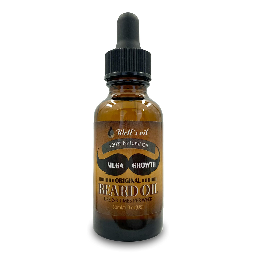 Well’s Oil MEGA GROWTH Beard Oil – Original Scent | 1 fl oz | 100% Natural Oils | Softening & Conditioning Beard Care | Lightweight, Non-Greasy