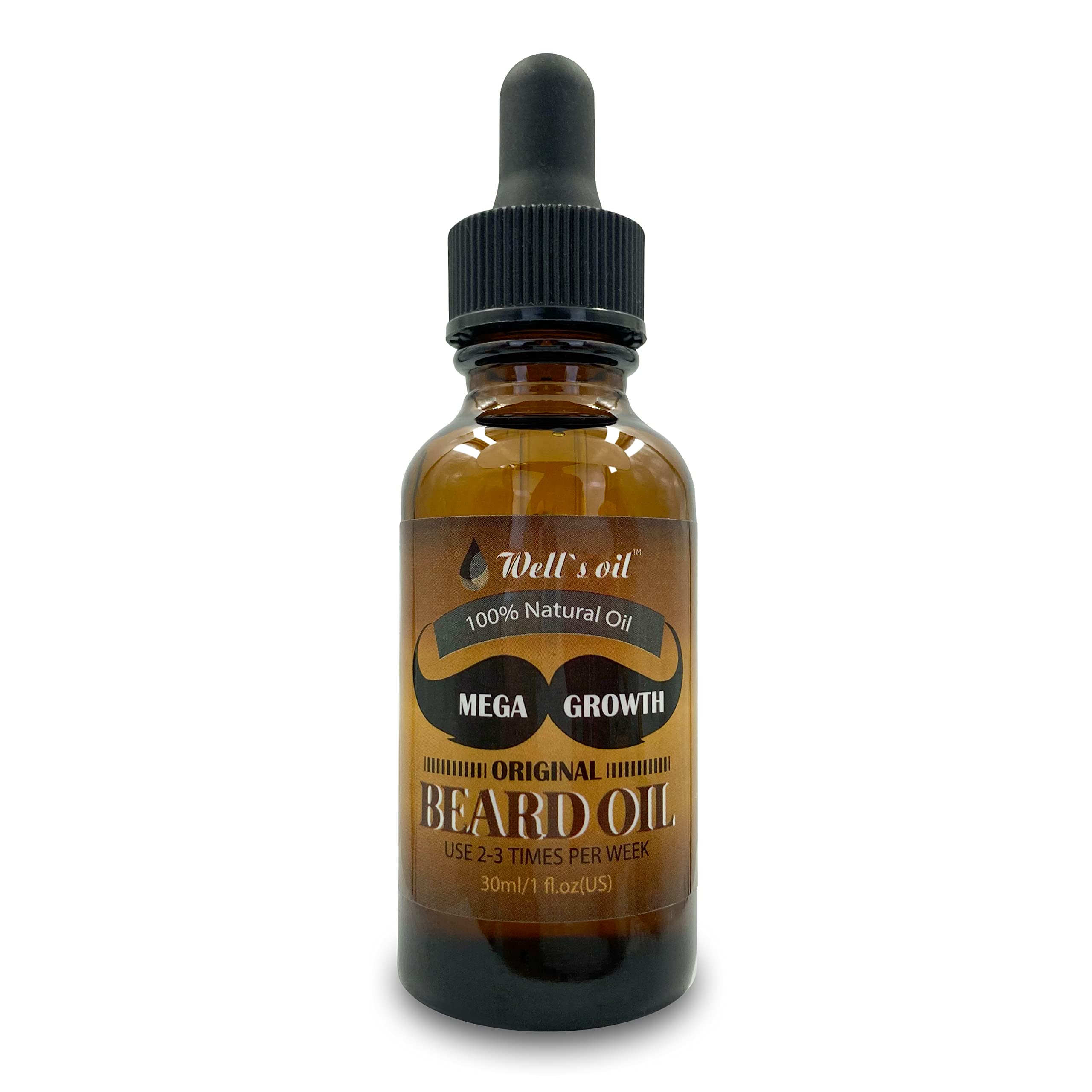 Well’s Oil MEGA GROWTH Beard Oil – Original Scent | 1 fl oz | 100% Natural Oils | Softening & Conditioning Beard Care | Lightweight, Non-Greasy
