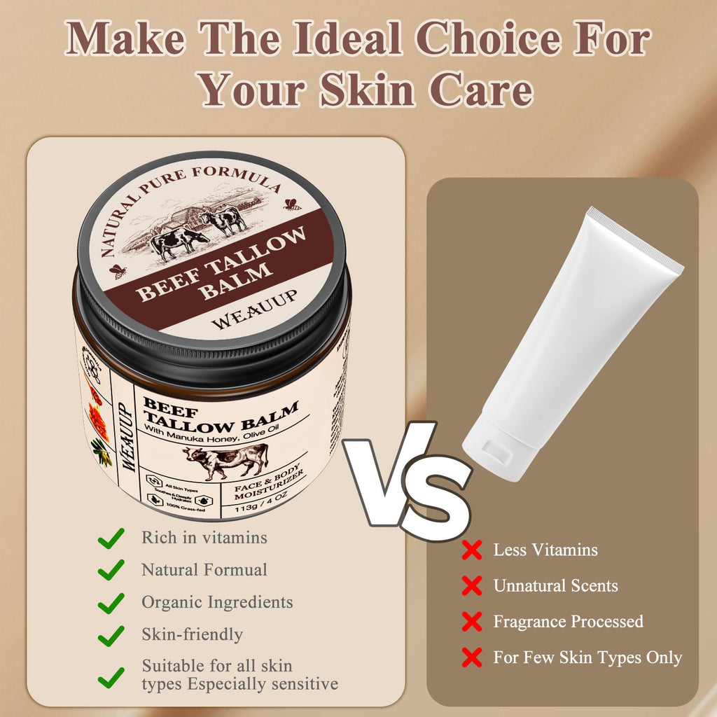 WEAUUP Beef Tallow for Skin, Organic Grass Fed Whipped Beef Tallow Balm, Tallow and Honey Balm with Raw Honey and Beeswax, Nourishing Moisturizer for Face & Body Natural Skin Care for Soft