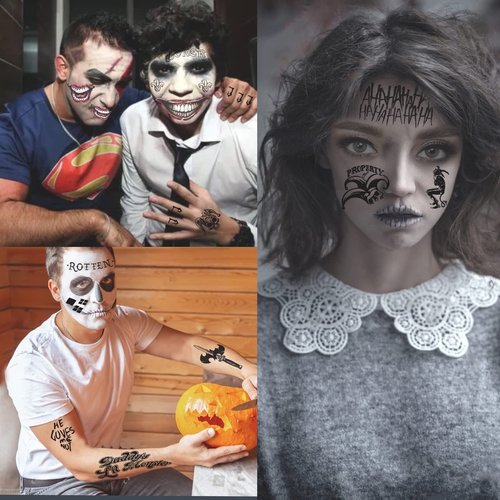 23 Sheets Halloween Joker Tattoos for Men Women Adults, Halloween Face Fake Temporary Tattoos, Halloween Snake Skull Bat Spider Scar Fake Tattoos Set for Halloween Cosplay Makeup Party Accessories
