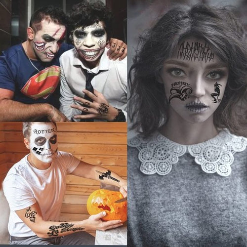 23 Sheets Halloween Joker Tattoos for Men Women Adults, Halloween Face Fake Temporary Tattoos, Halloween Snake Skull Bat Spider Scar Fake Tattoos Set for Halloween Cosplay Makeup Party Accessories