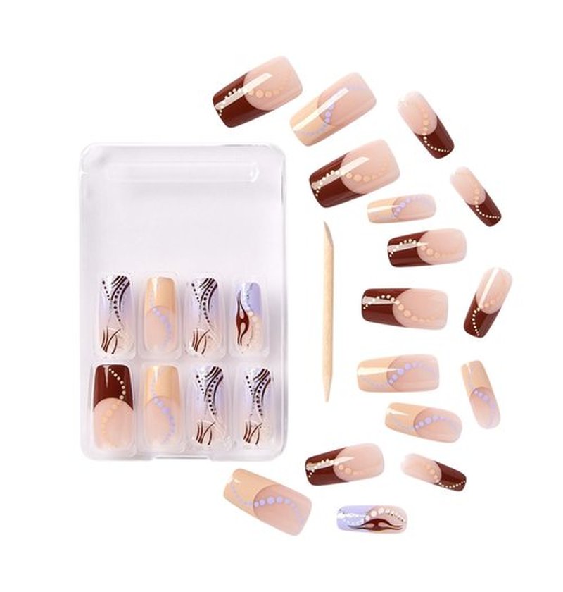 Goldfinger Trendy False Nails Kit, Long Squoval Design Nail, Playful Simple Artistic Sheer Nude Print, Ready to Wear Gel & Manicure Stick Included, Long-Lasting Convenient & Easy to Apply