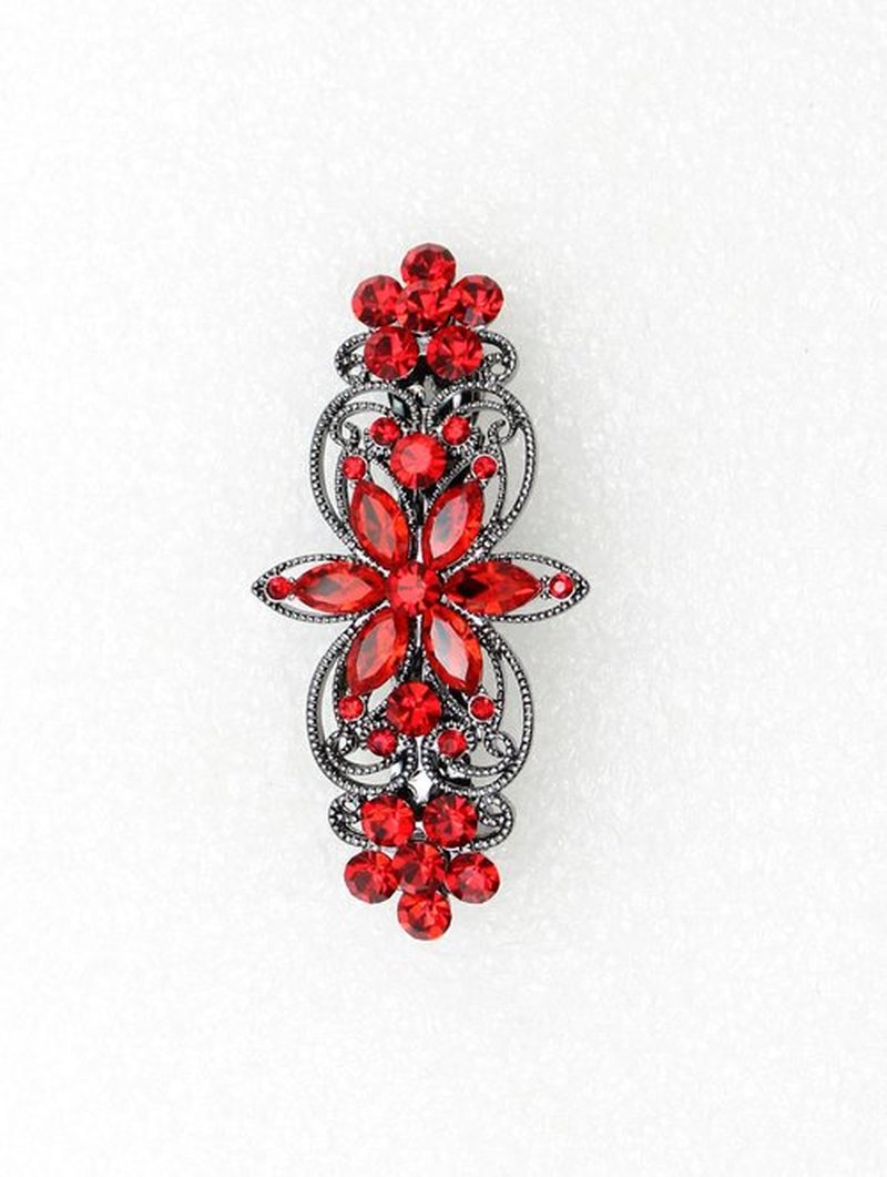 Faship Red Rhinestone Crystal Gun Metal Plated Flora Hair Barrette Clip