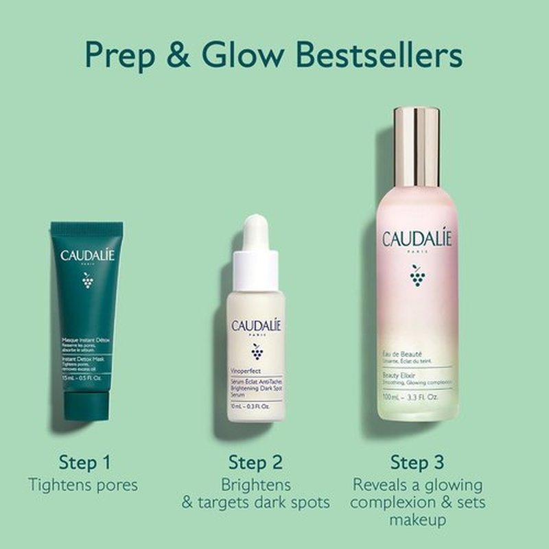 Caudalie Prep & Glow Skin Care Gift Set - Full-Size Beauty Elixir, Instant Detox Mask & Vinoperfect Serum