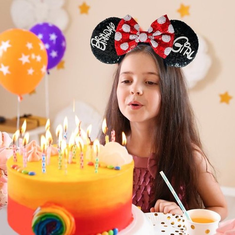 Tarocynn Birthday Mouse Ears Headband, Sequin Bow Headbands for Women Party Favors Cosplay Accessories (Black Birthday)