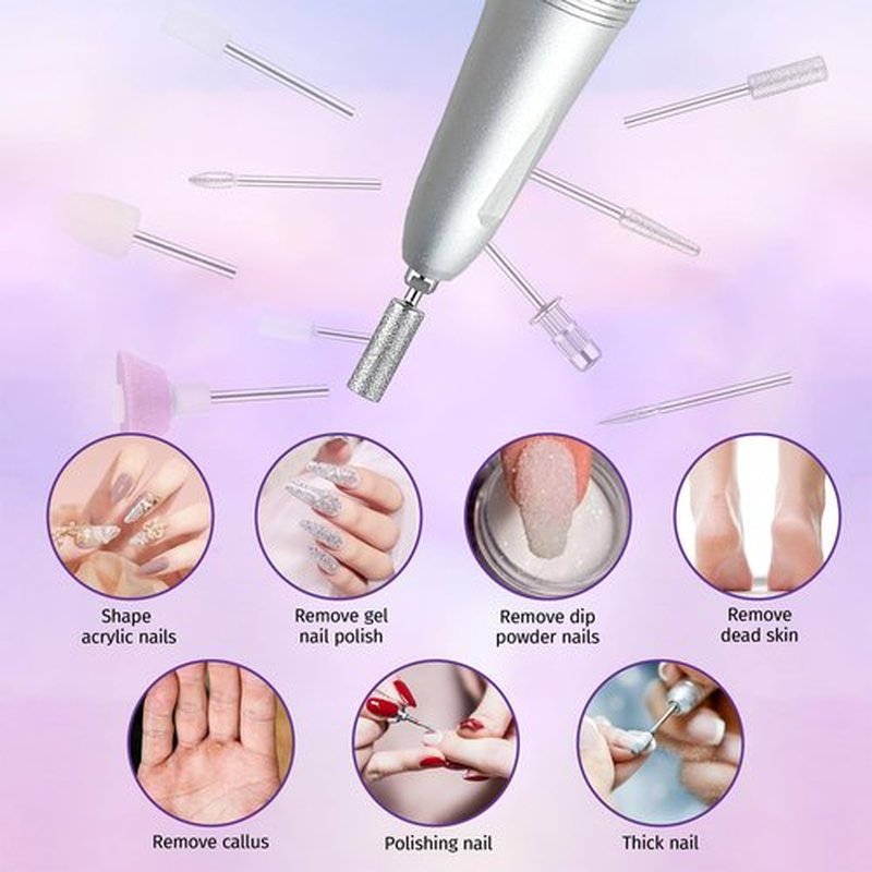 Nail Drill Professional Electric 35000RPM Nail Drill Kits Purple Portable Nail E File Machine with Bits & Base for Acrylic Gel Nail Polish Remover Cordless Rechargeable Nails Manicure for Salon Home