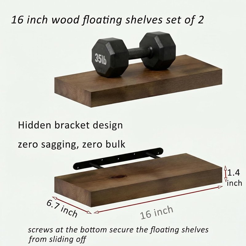 BBE Rustic Walnut Floating Shelves - Wall-Mounted Bathroom Decor | Set of 2, 16 Inch Storage for Living Room, Bedroom, Kitchen