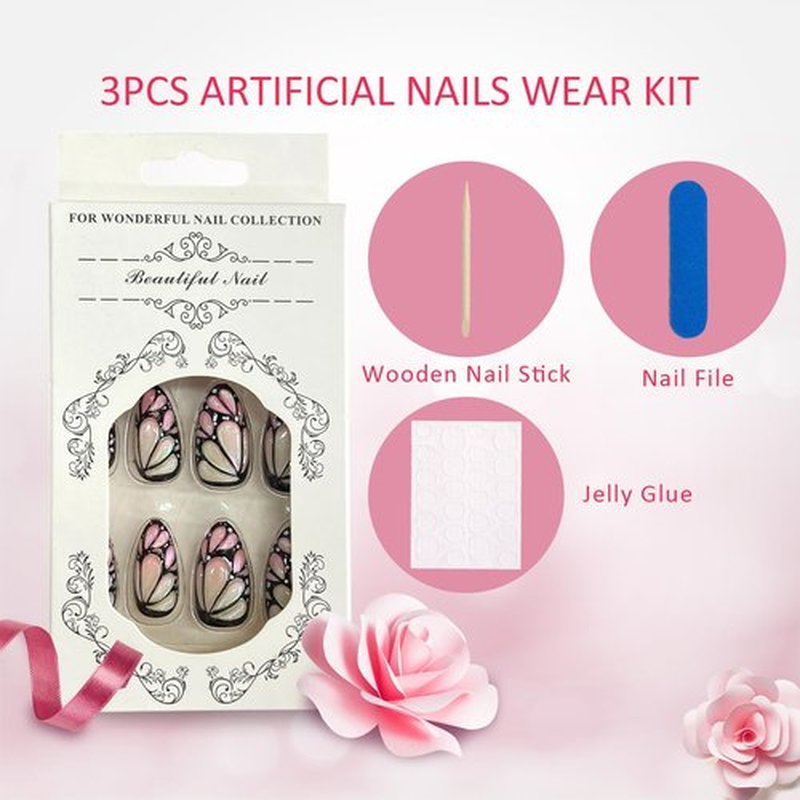 3D Butterfly Press on Nails Medium Almond Fake Nails With Pink Green Gradient Designs Butterfly False Nails Ombre Glue on Nails Full Cover Artificial Stick on Nails for Women 24 Pcs