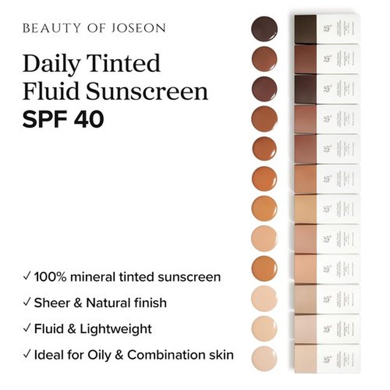Beauty of Joseon Daily Tinted Fluid Sunscreen - Moisturizing Broad Spectrum SPF 40 | 50ml, 12 Shades