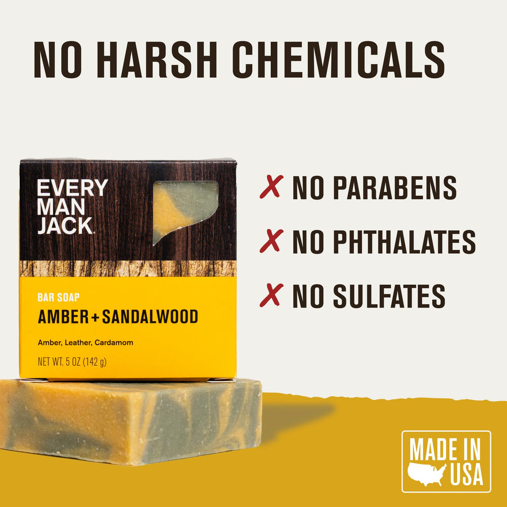 Every Man Jack Cold Processed Mens Bar Soap - Subtle Amber + Sandalwood Scent - Deeply Cleans & Hydrates w/Naturally Derived Ingredients - (3 Pack)