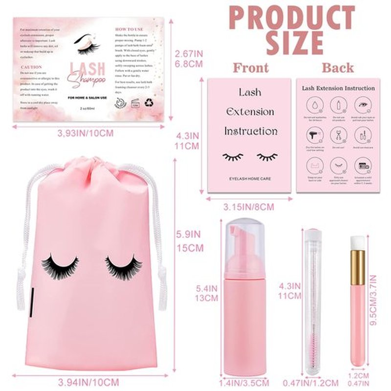 60PCS Lash Shampoo Bottles and Brushes Set, 10pcs Foam Pump Dispenser, Lash Cleaning Brush, Eyelash Extension Tube Brush, Instructions Cards, Bags, Lash Shampoo Stickers for Business Clients (B-pink)