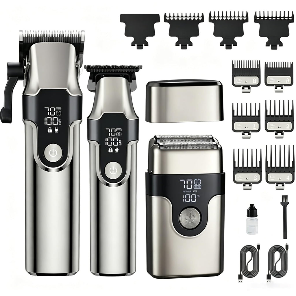 CBQ 3 in 1 Cordless Hair Clippers for Men, Professional Trimmer Set with LED Screen, 2-Speed, Beard Trimmer & Shaver, 10 Guide Combs, Cordless Electric Grooming Kit