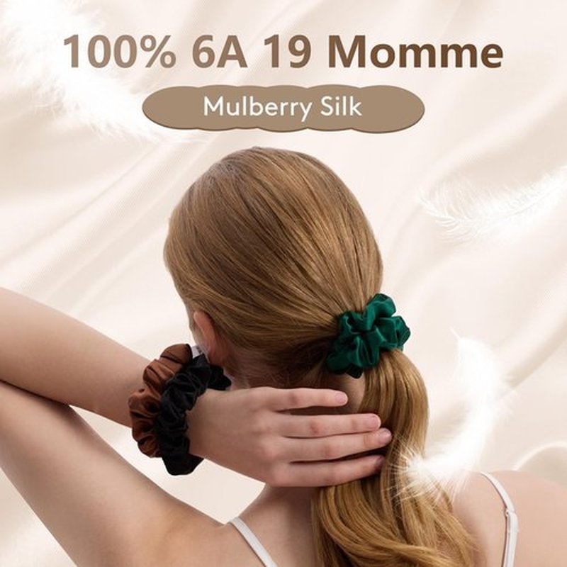 SOO DΞSIVI 3 Pcs Silk Hair Ties, 22 Momme 100% Mulberry Hair Band, Silk Scrunchies for Women and Girls, 6A Grade No Damage Ponytail Holders (1.2in Width, Black Brown Dark Green)