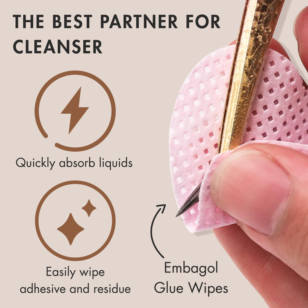 Embagol Tweezer Cleanser for Eyelash Extensions with Nail Wipes Lint Free Glue wipes Tweezers Glue Remover Liquid for Lash Tools with 2 Spongeballs Kit(2 Bottles Cleanser+1 Glue Wipes)