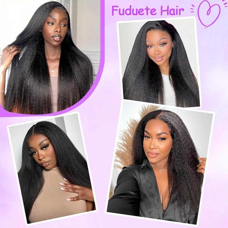Fuduete 18 Inch Kinky Straight U Part Human Hair Wig With Drawstring for Black Women 220% Density Glueless Yaki Straight U Part Human Hair Wigs No Sew in No Glue Natural Color