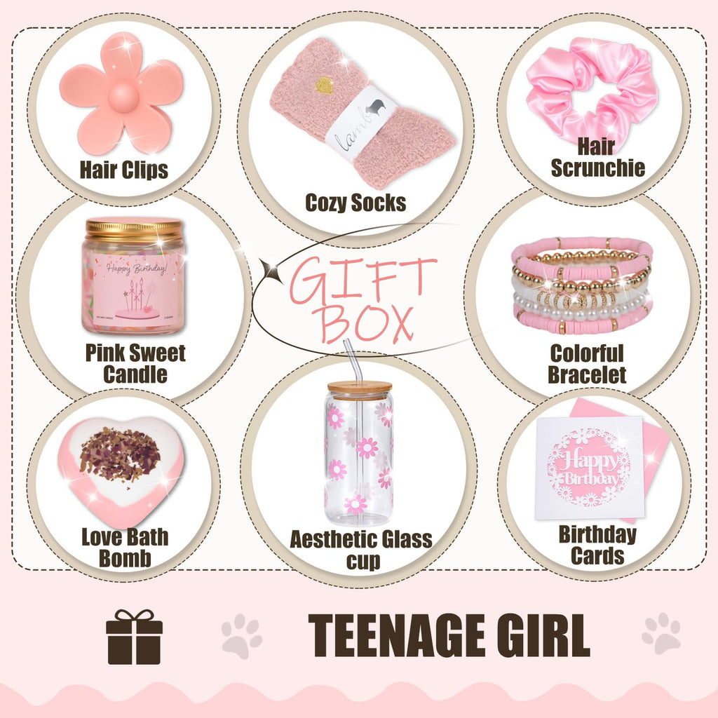 HIDDEN NUTS Birthday Gift for Teen Girls, Happy Birthday Box for Girl, Cute Preppy Stuff for Tween Girls, Christmas, Cute Daisy Aesthetic Glass Cups Tumbler Teen Gals Gifts Set 8pcs