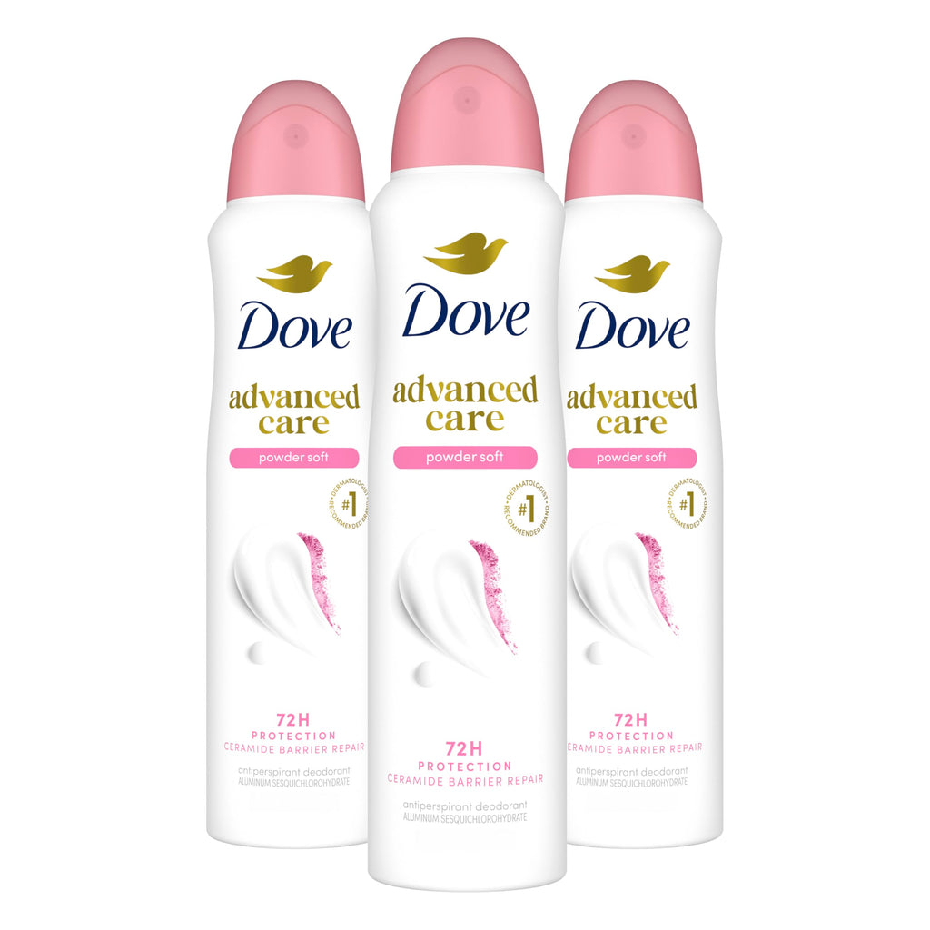 Dove Advanced Care Antiperspirant Deodorant Spray Powder Soft 3 Count to help skin barrier repair after shaving 72 hour antiperspirant deodorant for soft underarms with boosted ceramide levels 3.8 oz