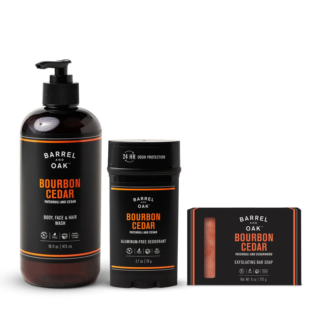 Barrel & Oak Bourbon Cedar Body Care Set for Men, All-in-One Body Wash, Exfoliating Bar Soap, & Aluminum-Free Men’s Deodorant, Vegan Grooming Kit, Gifts for Men, 3-Pack