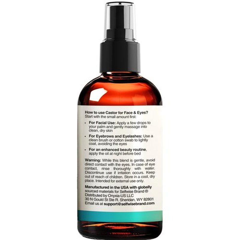 SELFWISE Organic Castor Oil For Face Moisturizer, Eyes, Eyelashes, Eyebrows, Wrinkles with Jojoba, Rosehip, Grapeseed, Squalane, Palmarosa, Bergamot and Vitamin E for Gentle Skin, Men & Women 1oz