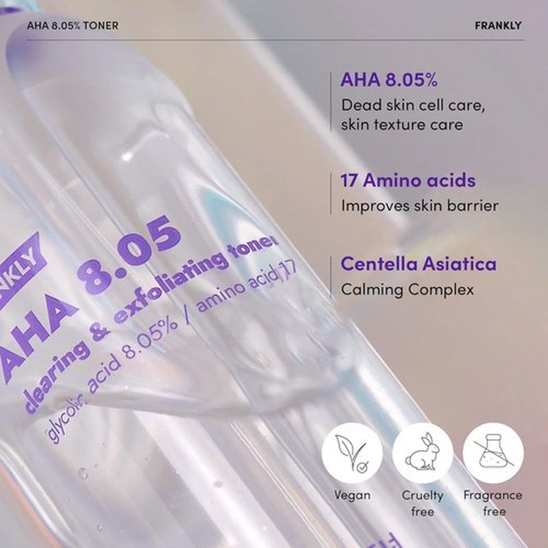 FRANKLY AHA 8.05% Toner | Pore-Refining Exfoliator with Glycolic Acid, 17 Amino Acids, Hyaluronic Acid | Smooths Texture, Hydrates, Targets Flakiness | Korean Skin Care 3.38 fl oz