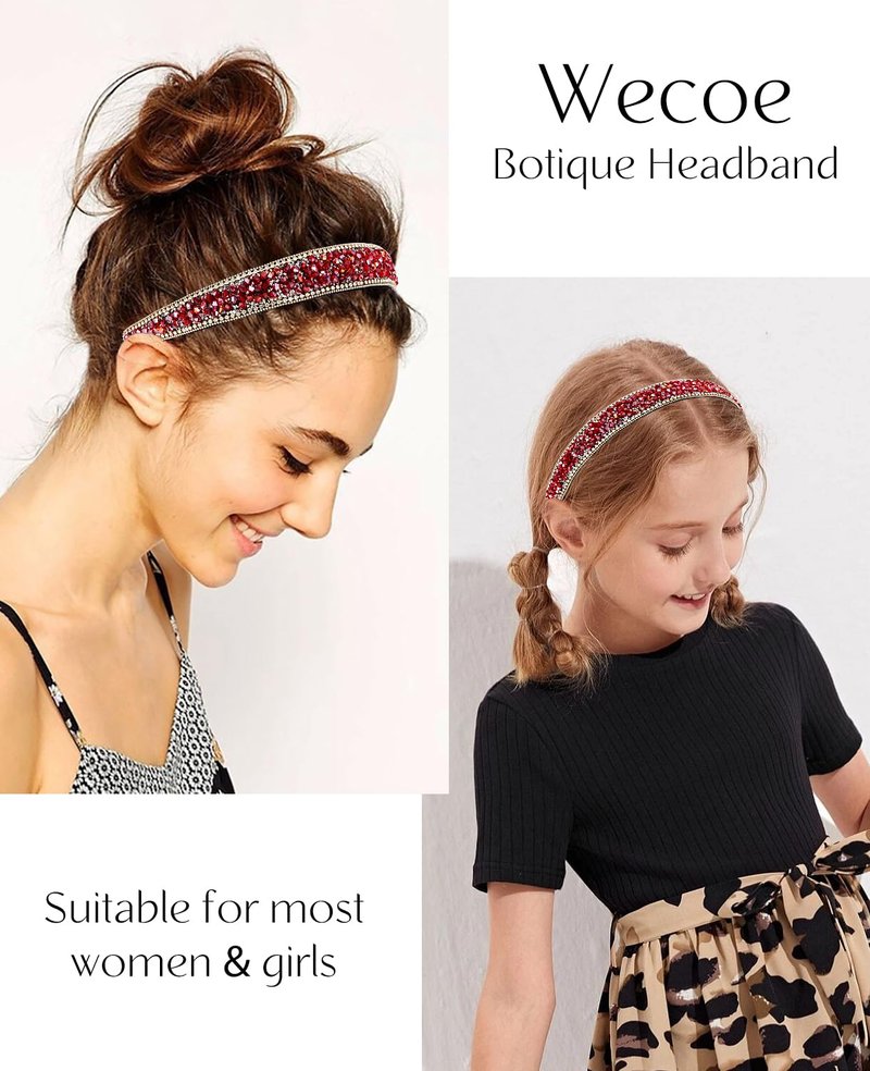 Wecoe Red Rhinestone Wide Headband for Women Girls - Fancy Sparkly Bling Diamond Beaded Jeweled Fashion Hair Accessory - Non-Slip 1 Inch Wide - Gifts