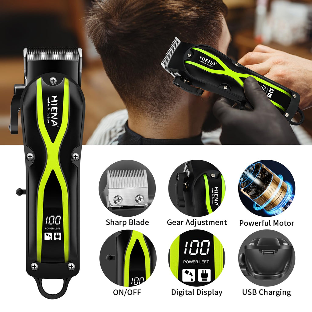 HIENA PRO Hair Clippers for Men, Professional Electric Hair Clipper and Trimmer, Rechargeable Haircut Clipper, Cordless Hair Cutting Tool with LED Display, Perfect Gifts for Men(Green)