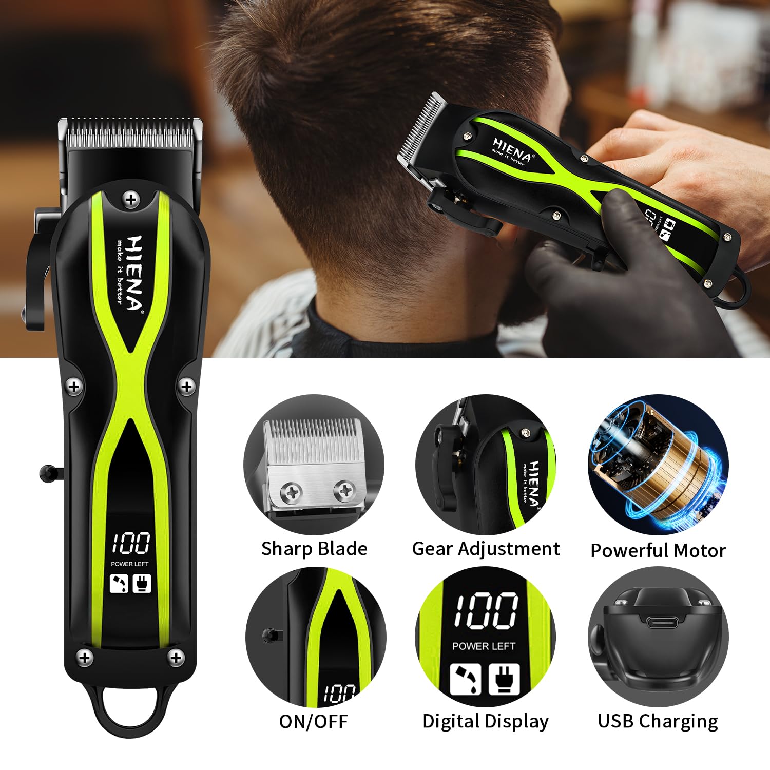HIENA PRO Hair Clippers for Men, Professional Electric Hair Clipper and Trimmer, Rechargeable Haircut Clipper, Cordless Hair Cutting Tool with LED Display, Perfect Gifts for Men(Green)