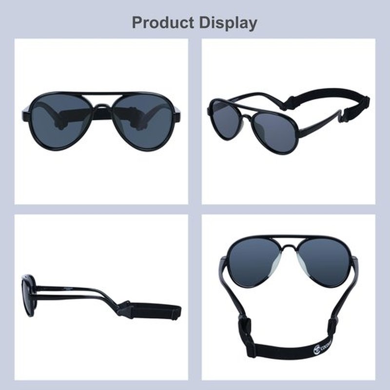 COCOSAND Baby Sunglasses with Strap Polarized Aviator Soft Silicone Nose Pads for Toddler Girls Boys Age 0-24 Months, Black