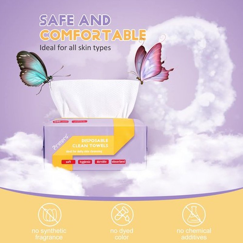 Primpro 100 Count Disposable Face Towels Ultra Soft Hand Washcloth Lint-Free Dry Wipes Biodegradable Facial Cleansing Towelettes (100 Count 1 Pack)