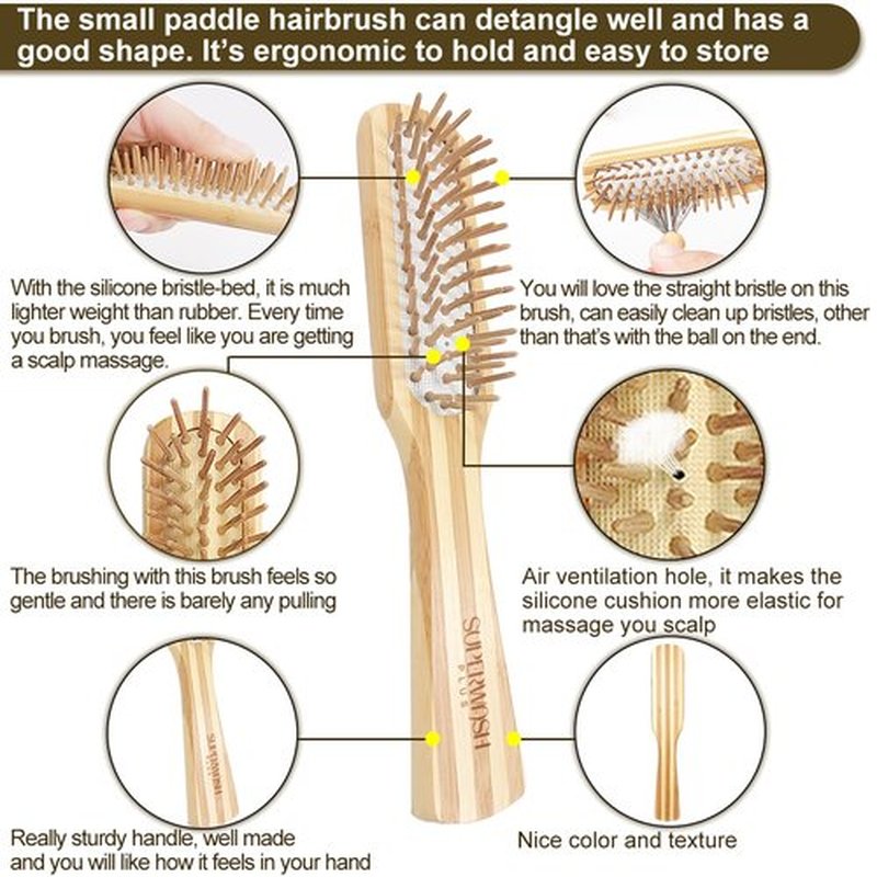 Bamboo Hair Brush Comb Set for Women Men, Wood Bristle Paddle Detangling Brush, Wide Tooth Comb for Curly Wavy Thick Thin Wet Dry Hair, Brush Cleaning Tool Included - 4 Pack