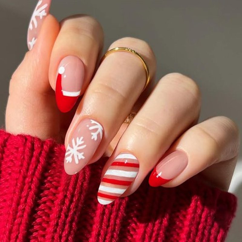 JMEOWIO Gel Nail Stickers Christmas French Tip Semi Cured Gel Nail Strips Wraps UV/LED Nails Art Design Decoration Accessories