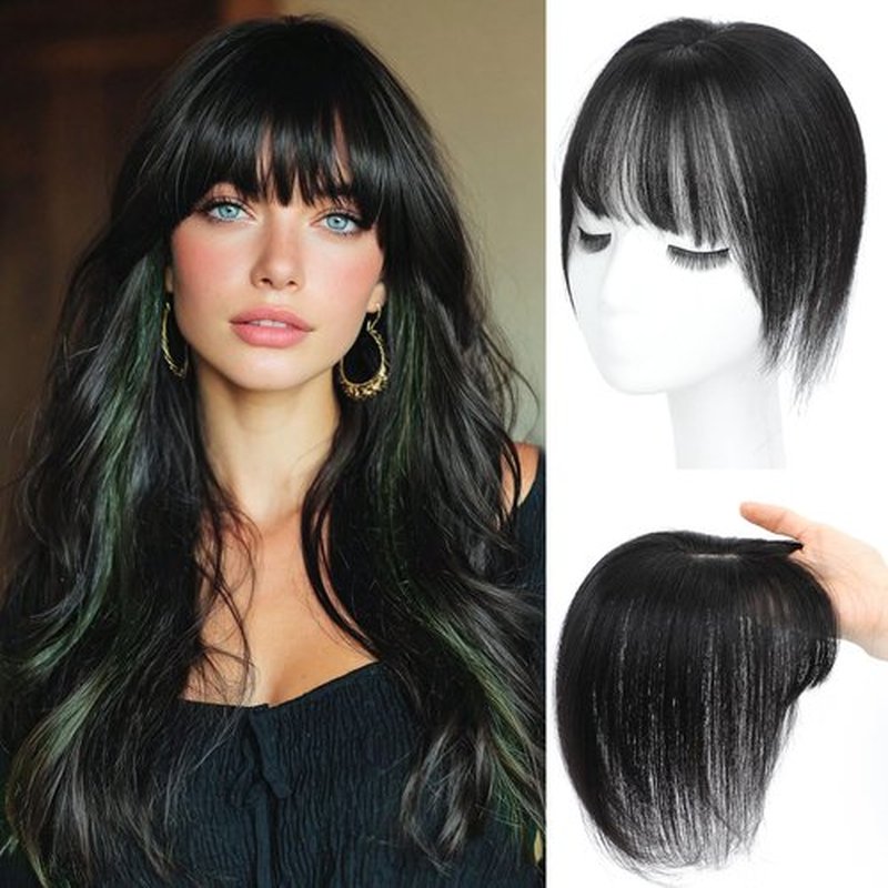 OOPPOO Hair Toppers for Women Real Human Hair, 360° 3D Cover Toppers Hairpieces for Women with Thinning Crown Wispy Clip in Bangs Realistic Scalp Hairline (Black, Wispy Bangs)
