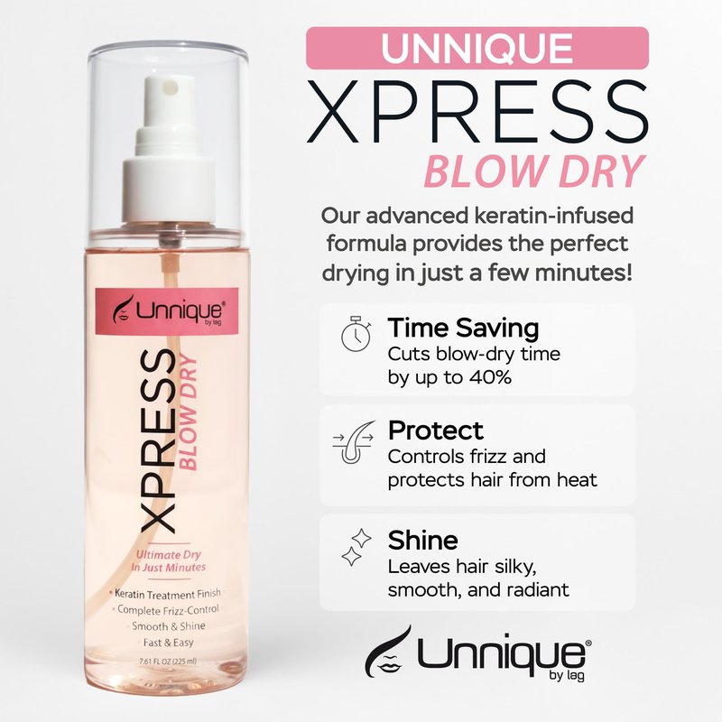 UNNIQUE Xpress Blow Dry Spray - The 40% Faster Blow-Dry Heat Protectant & Styling Primer to Achieve a Salon-Quality, Damage-Free Style and Shorten Your Morning Routine