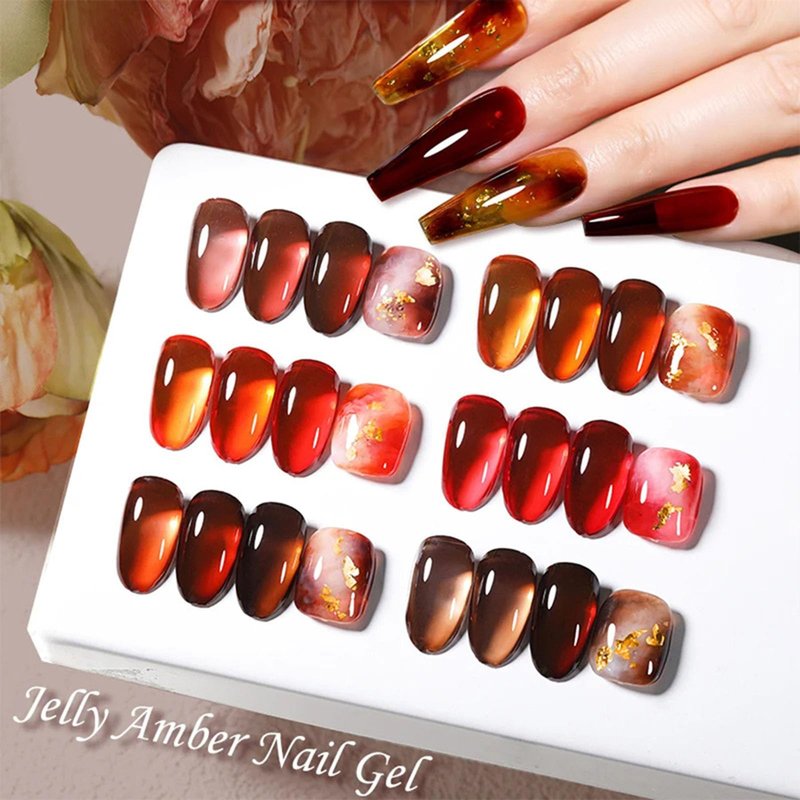 YJLYQF Jelly Amber Gel Polish Set - 6 Translucent Nude Gel Nail Polish, Sheer Tortoise, Red Coral, Burnt Orange, Grey, Amber, Brown - Soak Off UV LED Manicure Art Kit For DIY Home